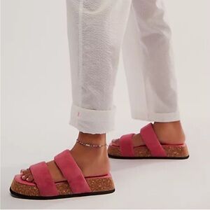 Free People Pink Suede Double-Strap Platform Slides
